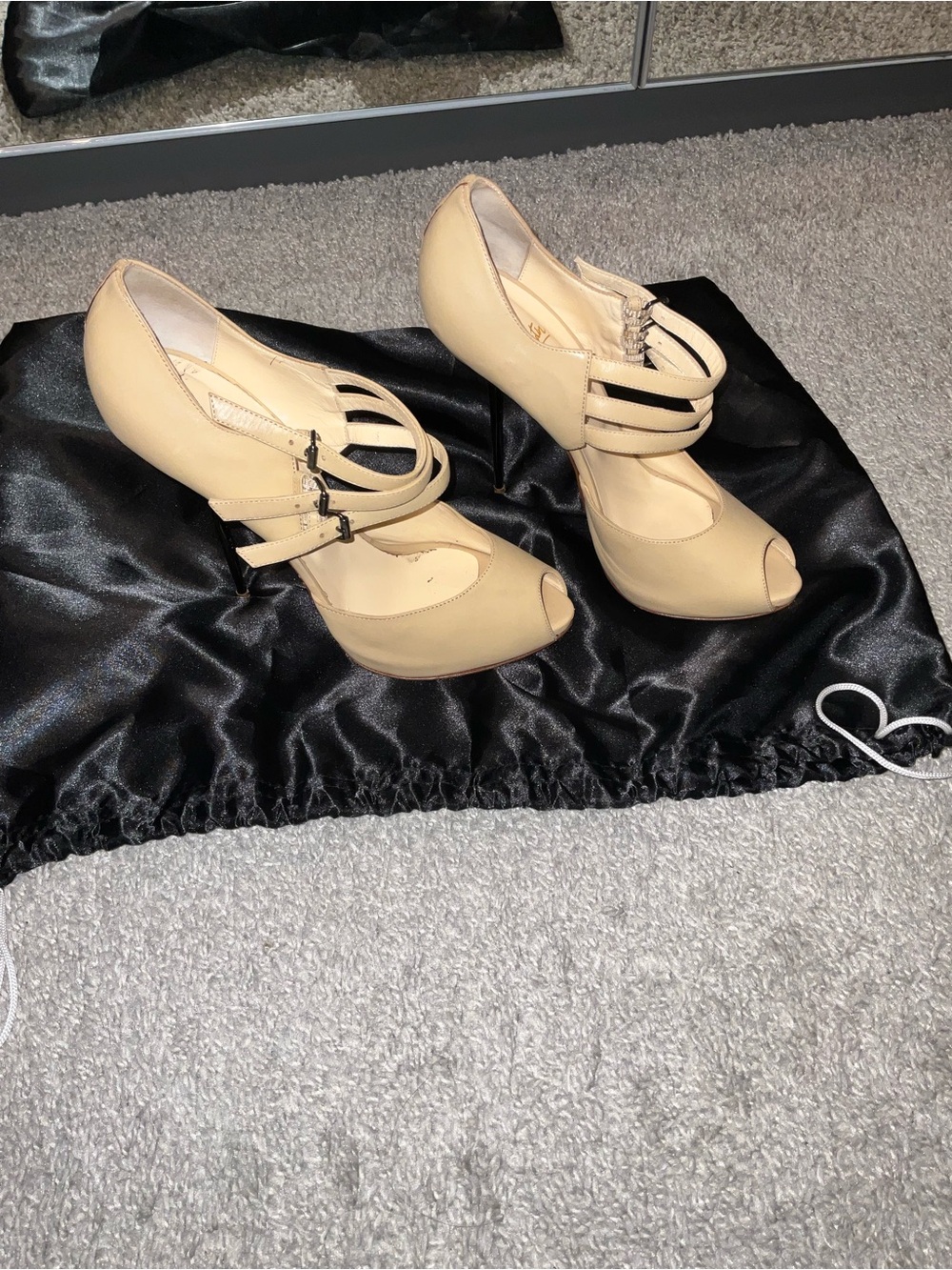 Christian Louboutin Beige Peep-Toe Double-Strap Platform Heels - Size 40, Worn.
